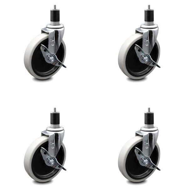 5 Inch Thermoplastic Wheel 1-7/8 Inch Expanding Stem Caster with Brakes, 4PK
